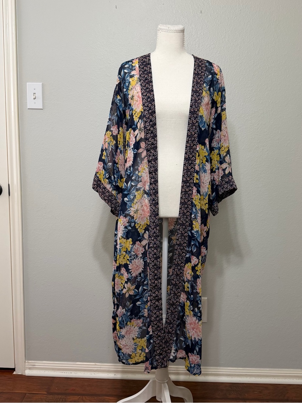 Xhileration Floral Kimono Long Duster Medium Sleeves Boho Lightweight Cover Up F